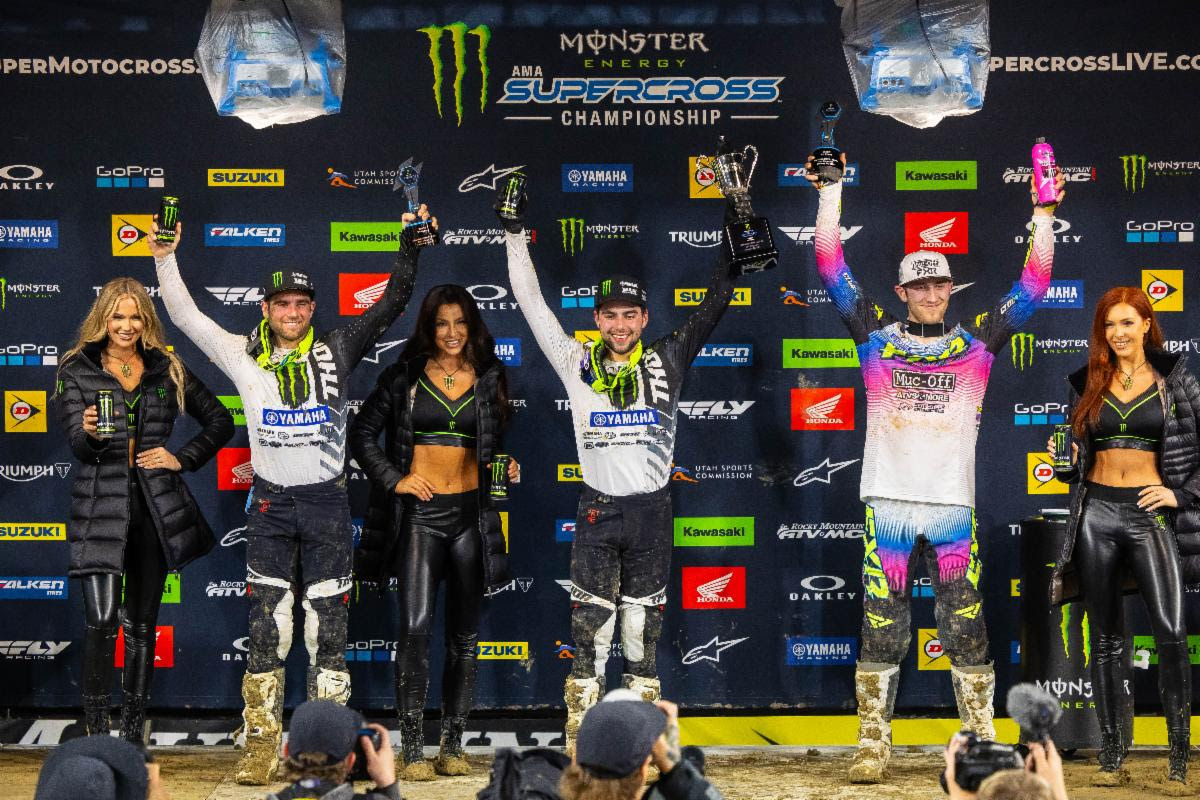 250SX Class podium (racers left to right) Jordon Smith, Nate Thrasher, and Garrett Marchbanks. Photo Credit: Feld Motor Sports, Inc.
